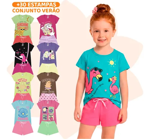 Kit Infantil 10 Peças Menina Conjunto Verão 5 Shorts+5 Blusa