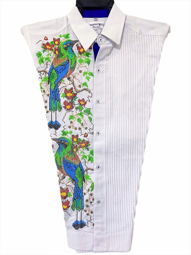 Guayabera De Lino Con Bordado De Pájaro Toh En Punto De Cruz