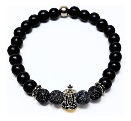 Pulsera De Hombre Negra Con Piedra Vena De Dragón + Corona