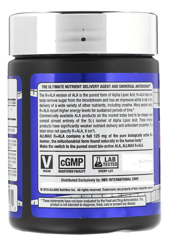 Allmax R+ALA (ácido alfa lipoico R+) 150 mg 60 cápsulas - Eua