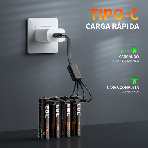 4 Pilas Aa Doble A Recargable Usb-c Ebl Li-ion 1.5v 3500mwh