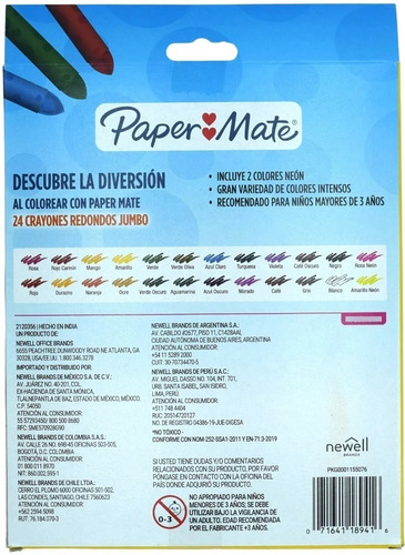 Crayone Escolar Jumbo Papermate Redondos 24 Colores Intensos