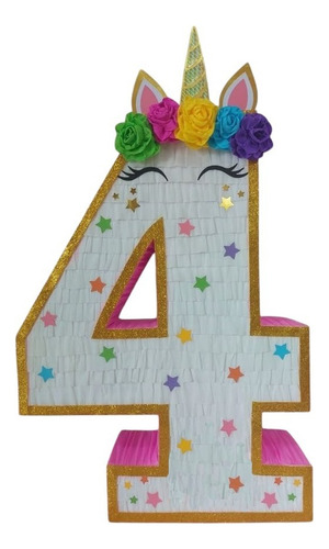 Piñata Unicornio Número 4 Blanco Unicornio Geométrico Chica