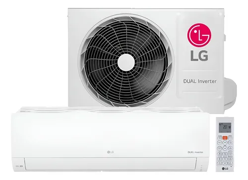 Conjunto completo do ar condicionado LG Dual Inverter, incluindo unidade interna, unidade externa e controle remoto