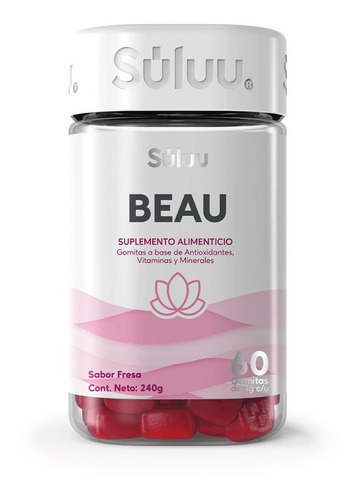 Súluu Beau | Gomitas Vitaminadas, Cabello, Piel y Uñas Fuertes y Sanas, Previene Caída del Pelo | 60 Gomitas | Sabor Fresa | Biotina, Vitamina A, Betacaroteno, Vitamina C, Vitamina E, Selenio y Zinc.