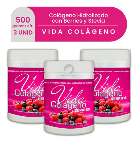 3 Potes - Colágeno Hidrolizado Berries Y Stevia X 500g