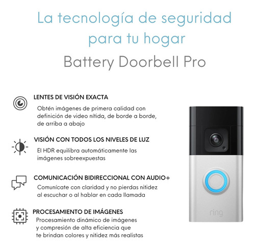 Timbre con Cámara Inalámbrico Ring Battery Doorbell Pro Color Plateado