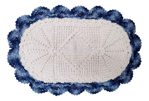 Tapete De Crochê Barbante Oval 75cm Branco Com Borda Azul