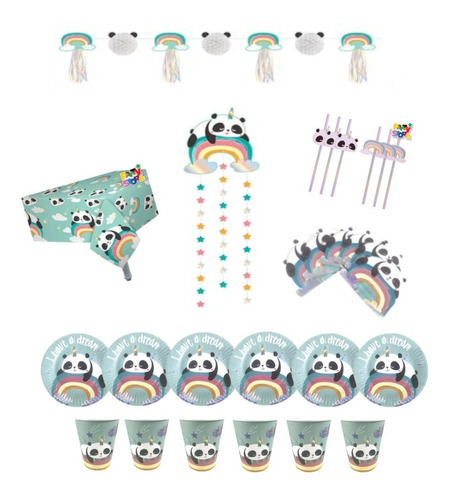 Kit Decoración Y Cotillon Descartable - Osito Panda Arcoiris