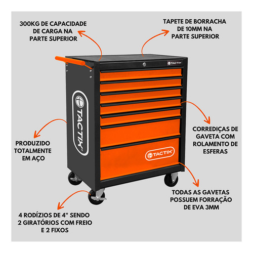 Carrinho De Ferramentas 7 Gavetas Preto E Laranja Tactix