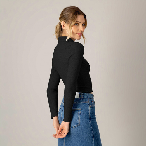 Blusa Corta Manga Larga Cremallera Mujer Cuello V Ajustada