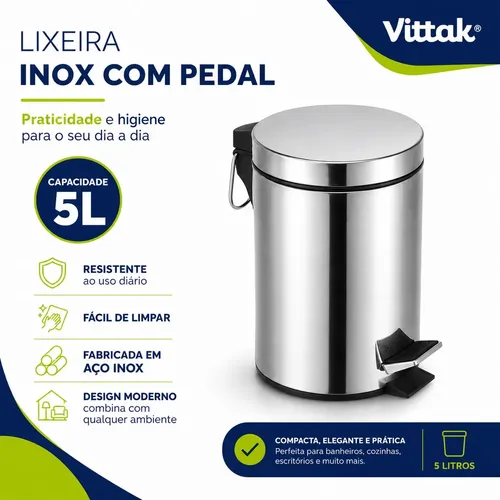 Vittak Lixeira 5 Litros De Aço Inox Redonda Cesto Balde Banheiro Casa Lixo Cor Cinza - R$ 44,9