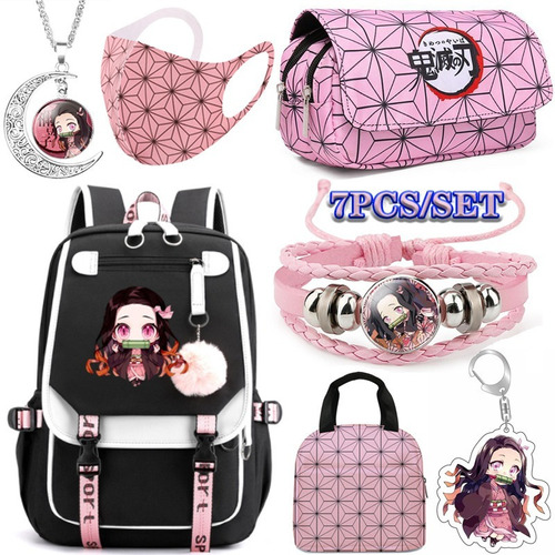 Set Mochila Nezuko Demon Slayer De 7 Unidades+bolígrafo+coll