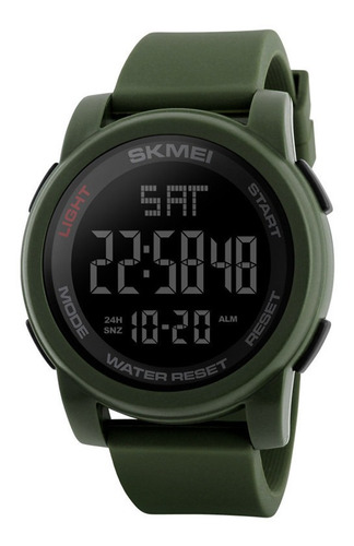 Relógio de pulso Skmei 1257 com corpo verde,  digital, para masculino, fundo  preto, com correia de poliuretano cor verde, subdials de cor cinza, ponteiro de minutos/segundos cinza, bisel cor verde, luz verde e azul-celeste e fivela simples