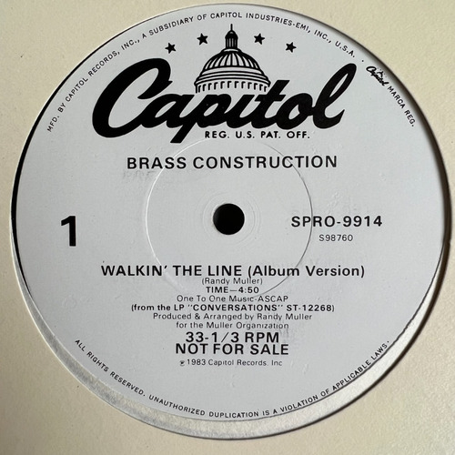 Brass Construction - Walkin' The Line - 12'' Single Promo Us