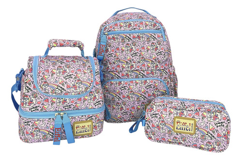 Kit Escolar Mochila Lonchera Lapicera Lindos Estampados Lte2 Color Lila Diseño De La Tela Unicorn Party