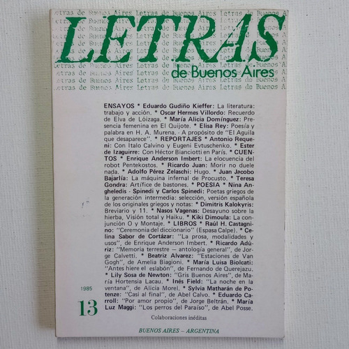 Letras De Buenos Aires N° 13 1985 Colaboraciones Inéditas