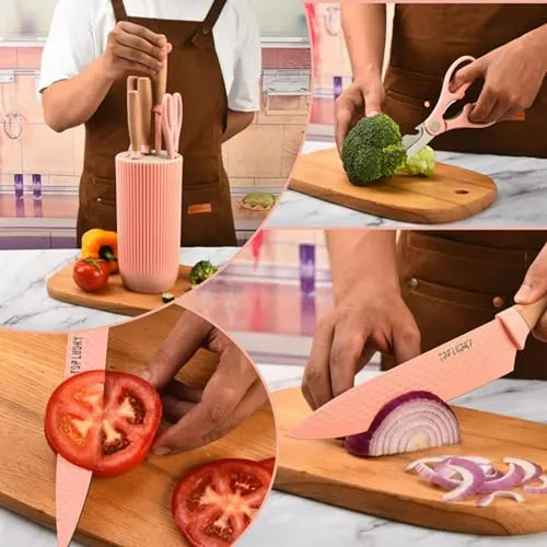 Set De Cuchillos De Cocina 6 Pzas Rosa Con Block Redondo Rem