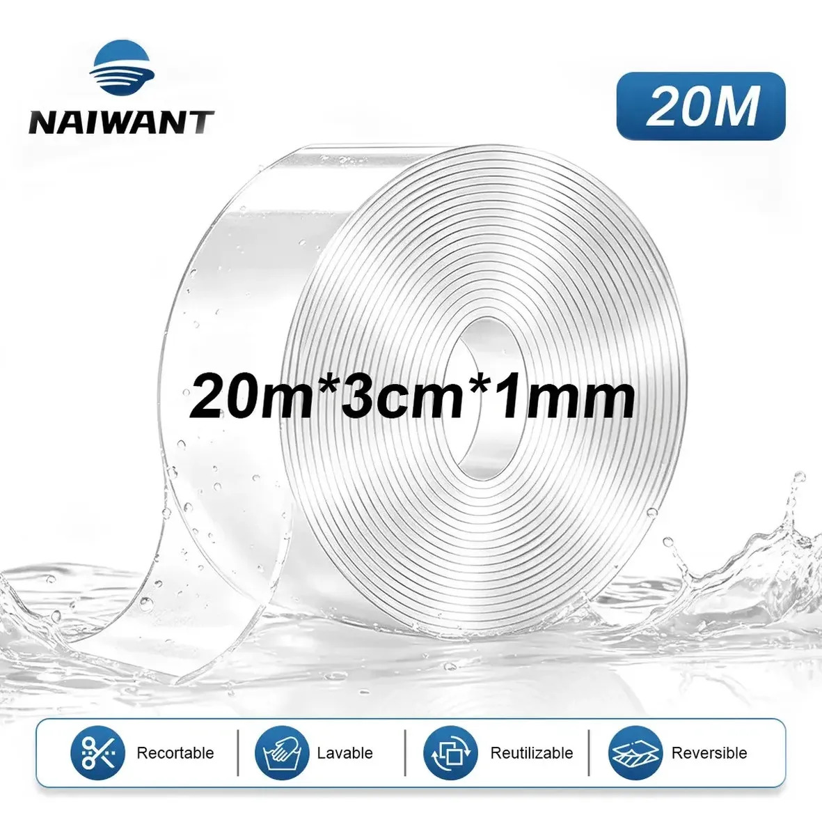 Naiwant 20m Cinta Nano Adhesiva De Doble Cara resistente 20M x 3cm x 1mm Lavable Reutilizable Recortable Trasparente Sin Dejar Residuo, Almohadillas Antideslizantes de Gel, para Pa