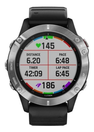 Smartwatch Garmin Standard Fenix 6 1.3" caixa 47mm de  polímero reforçado com fibra, pulseira  black e o arco  silver de  aço inox