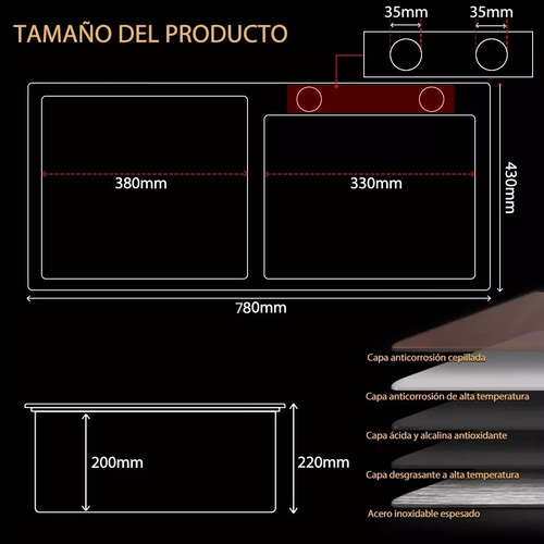 Lavaplatos Doble Empotrado Lavaplato Acero Inoxidable 78x43