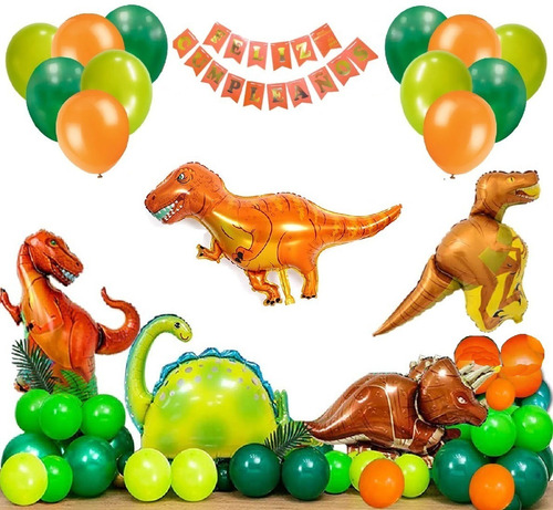 Set Deco Cumple Globos Dinosaurios T Rex Gigante Banderin