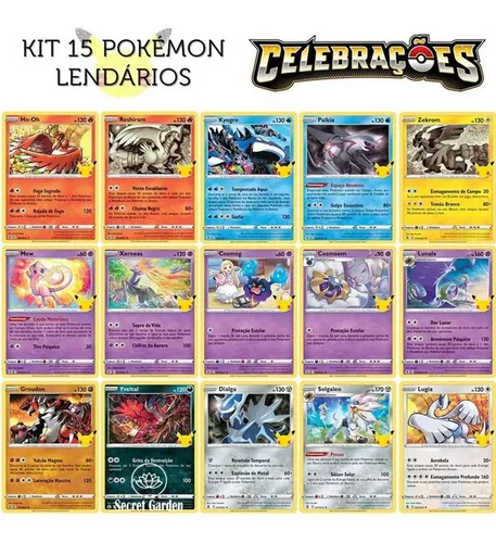 15 Cartas Pokemon Lendária Coleção Especias 25 Ano Brilhante