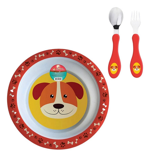 Conjunto Refeição Infantil Tigela Bowl Talheres 3 Peças Cor Cachorro Vermelho