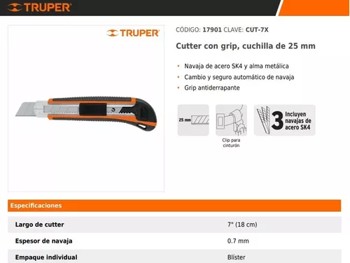 Cutter 25 mm profesional con alma metálica y grip, Truper, Cutters, 17901