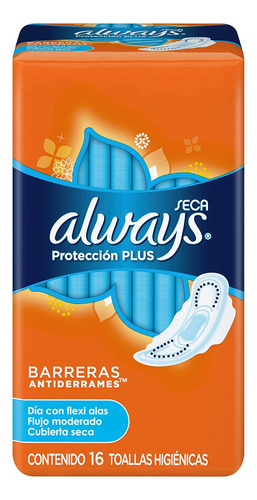 Toallitas femeninas Always Seca Protección Plus con alas 16 u