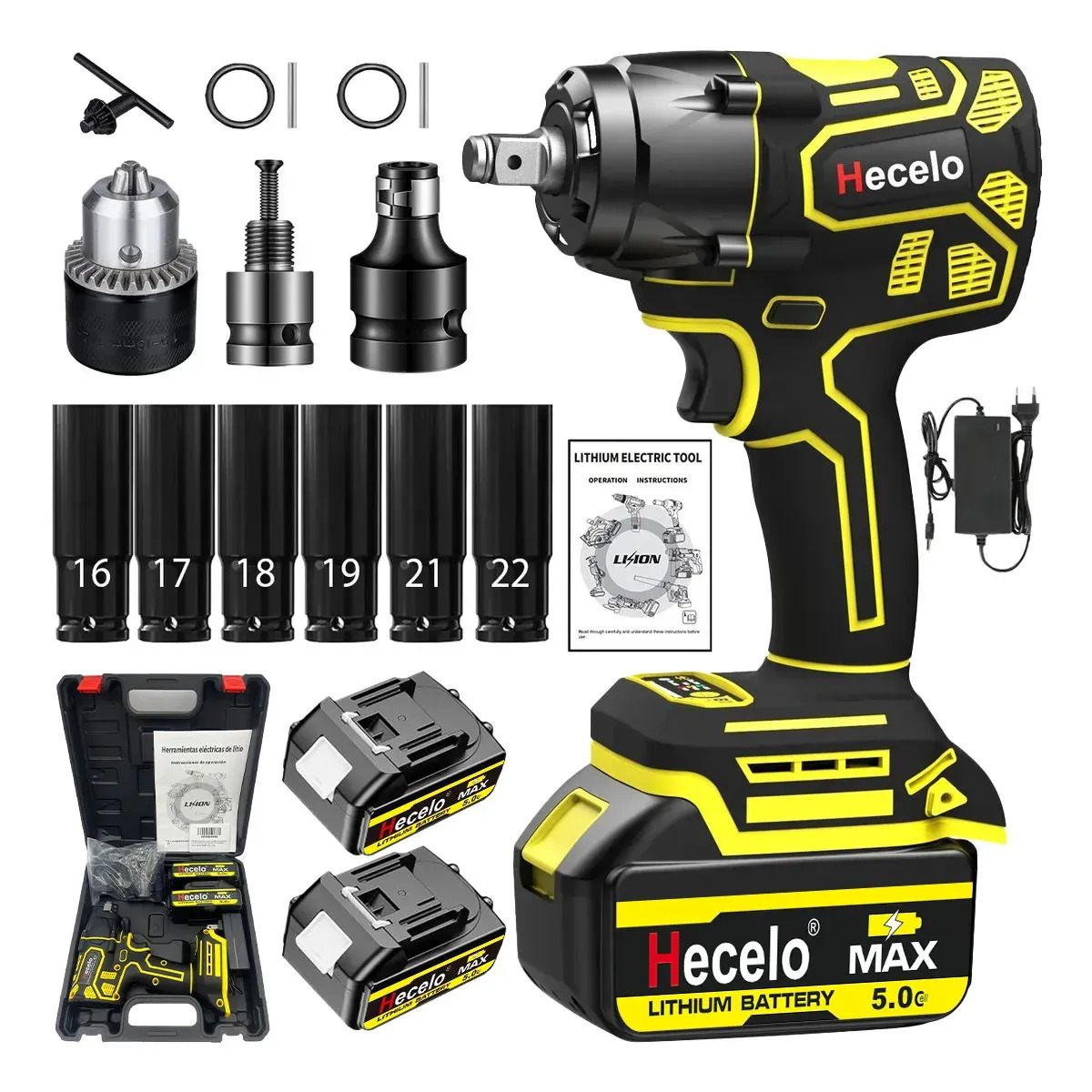 Hecelo Llave de Impacto Brushless Inalambrica 420Nm Alta Potencia 1/2 Pulgada 2 Baterias de Litio Kit Completo de Accesorios Uso Profesional para Mecanica Automotriz Taller y Construccion