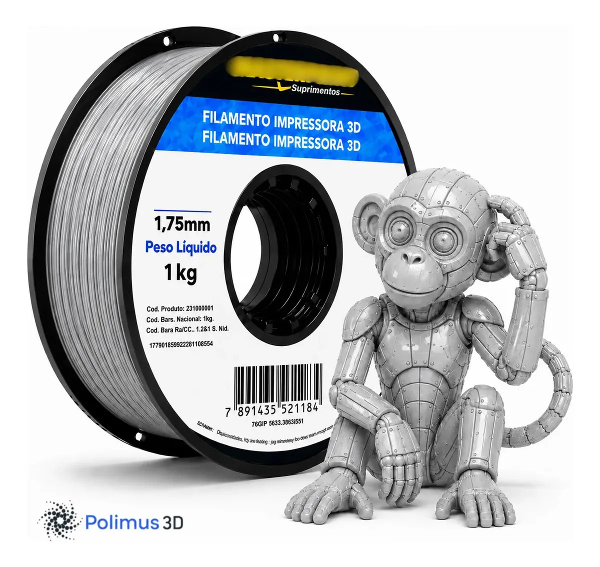 Filamento De Impressão 3D PETG Cor Cinza 1kg Masterprint Brilho Premium Para Imprimir Peças 3D Impressora 3D Modelagem Miniaturas Enfeites e Projetos By Polimus 3D