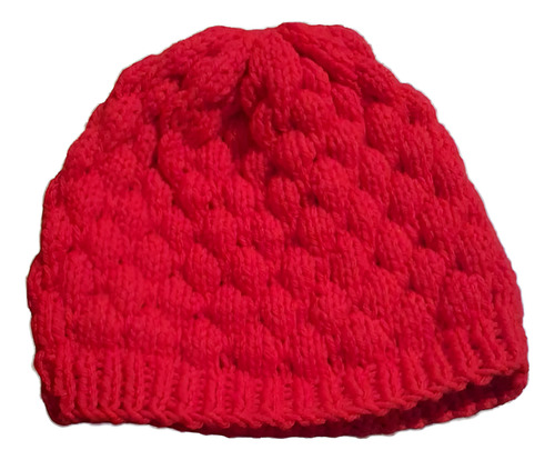 Gorro De Lana Tejido A Mano - Artesanal Rojo Unico Punto Burbuja