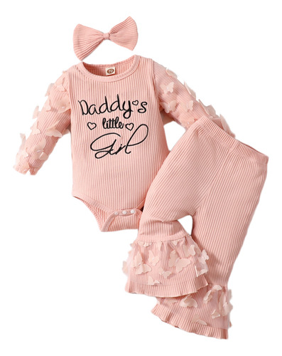 3pcs Conjunto Tierno Bebé Con Mariposas Pantalón Acampanado Rosa 3-6 M