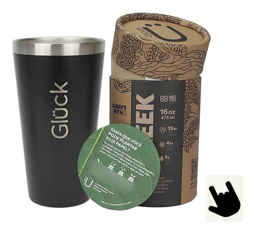 Gluck Copo Termico Sleek 473ml Aço Inox Envio Imediato Black