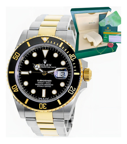 Rolex Submariner Super Clo Suiço Máquina Eta Genuína Correia Prata/dourado Bisel Preto Fundo Preto