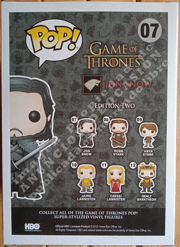 Funko Pop - Jon Snow #07, Game Of Thrones, Figura De Vinil (Usado)