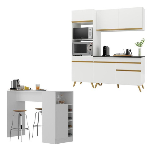 Cozinha Compacta/bancada Americana Veneza Multimóveis Mp2211 Cor Branco/Dourado