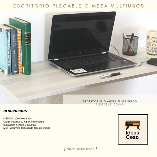 Practico Escritorio Abatible De 100 X 40 Cm Y Repisa Mdf Blanco Veteado