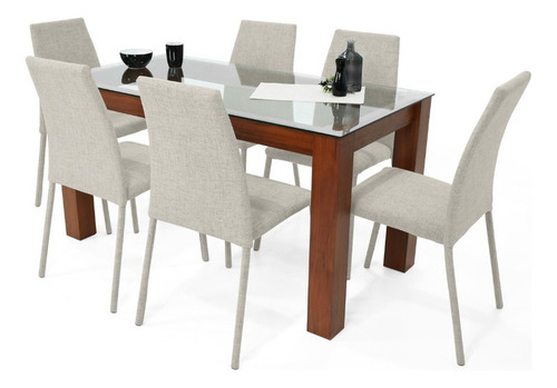 Comedor Turín Cedro 6 Puestos Sillas Venecia En Tela Color Taupe Diseño De La Tela De Las Sillas Poliéster