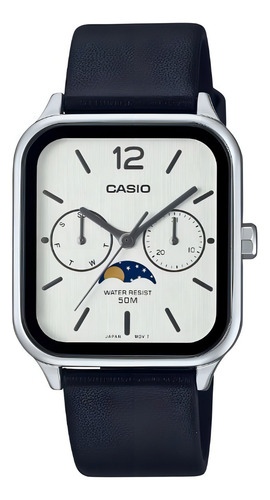 Relógio de pulseira Casio MTP-M305l-7a com pulseira de couro preta - fundo branco - moldura prateada