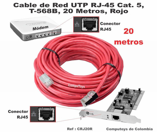 Imagen 2 de 6 de Cable De Red Rj-45 Cat 5 20 M Ref: Crj20r Computoys Sas
