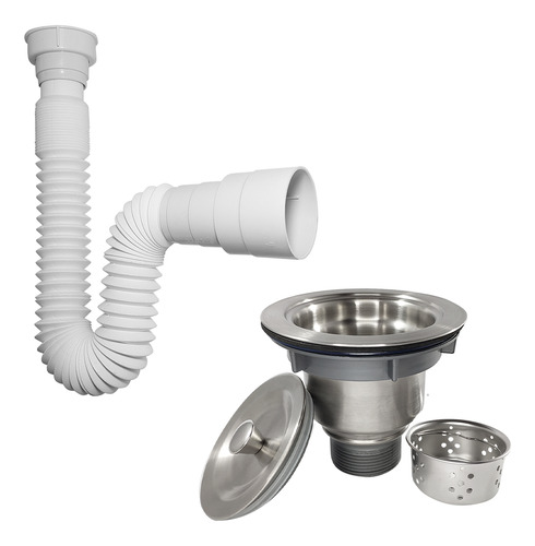 Valvula Pia Cozinha Inox 4 1/2 Cesto Sifao Sanfonado Branco