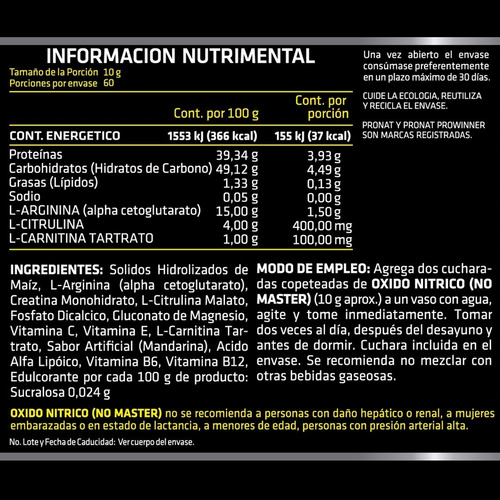 Imagen 3 de 5 de Oxido Nitrico (no Master) (600 Gr) Prowinner