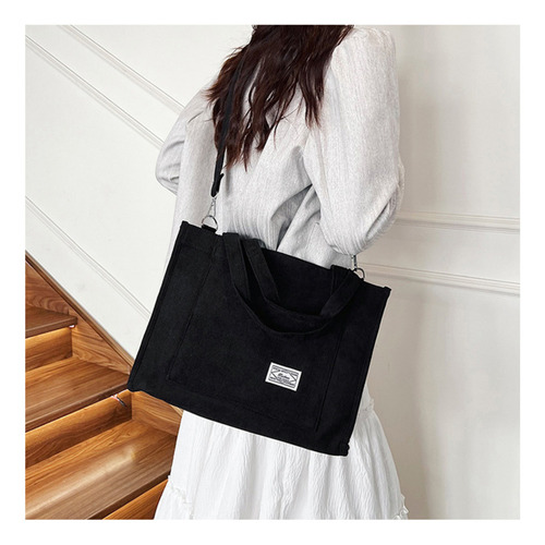 Bolso Universitario Mujer Elisabeth&co Nictionxl, Cartera Mujer Grande De Tela Corderoy Negro Reforzada Con Correa Desmontable Y Ajustable. Ideal Para La Facultad Universidad Uso Diario.