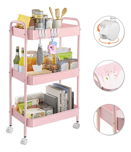 Carrito Organizador Metal 3 Niveles Ruedas Bloqueables Rosa Rosa