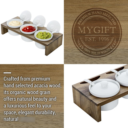Mygift- Juego De 3 Salseros Ramekines Incluyen Una Charola Madera De Acacia Y Cerámica Blanca