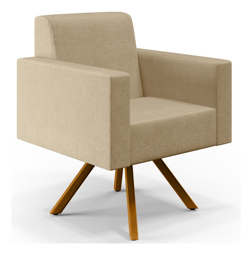 Kit 02 Poltronas Decorativa Giratória Base de Madeira Helô L02 Linho Bege Escuro
