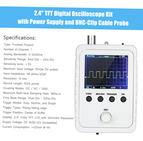 Kit De Osciloscópio Digital Tft 2.4 Com Adaptador E Sonda Cl