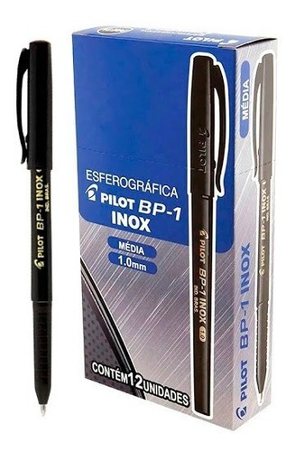 Caneta Esferográfica Pilot Bp-1 Inox 1.0mm Preto 12 Unidades